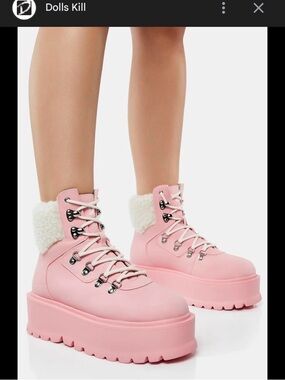 koi Pink Platform Lace-Up Boots with Shearling Trim